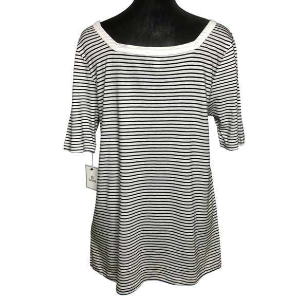 Susina White Pinstripe Square Neck Short Sleeve Striped T-Shirt - Size Small - Picture 6 of 10